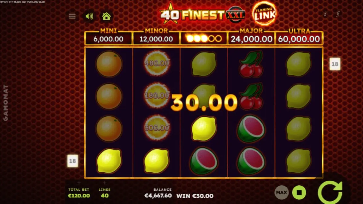 Tampilan visual slot 40 Finest XXL Flaming Link dengan elemen api dan simbol buah neon