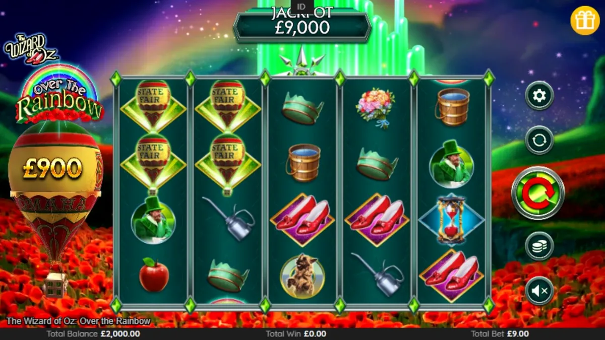 Tampilan layar permainan slot The Wizard of Oz: Over the Rainbow di perangkat seluler