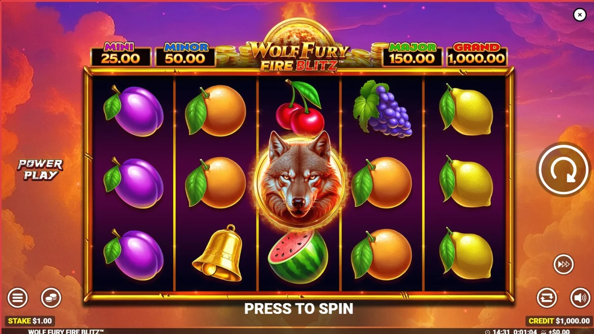Tampilan visual slot Wolf Fury Fire Blitz dengan simbol buah dan serigala