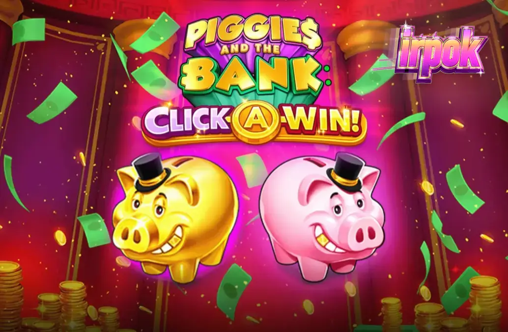 Tampilan visual slot Piggies and the Bank: Click-A-Win dengan maskot babi dan koin emas